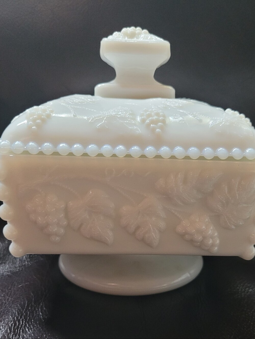 Classic Westmoreland White Milk Glass Covered Candy Dish with Grape Relief